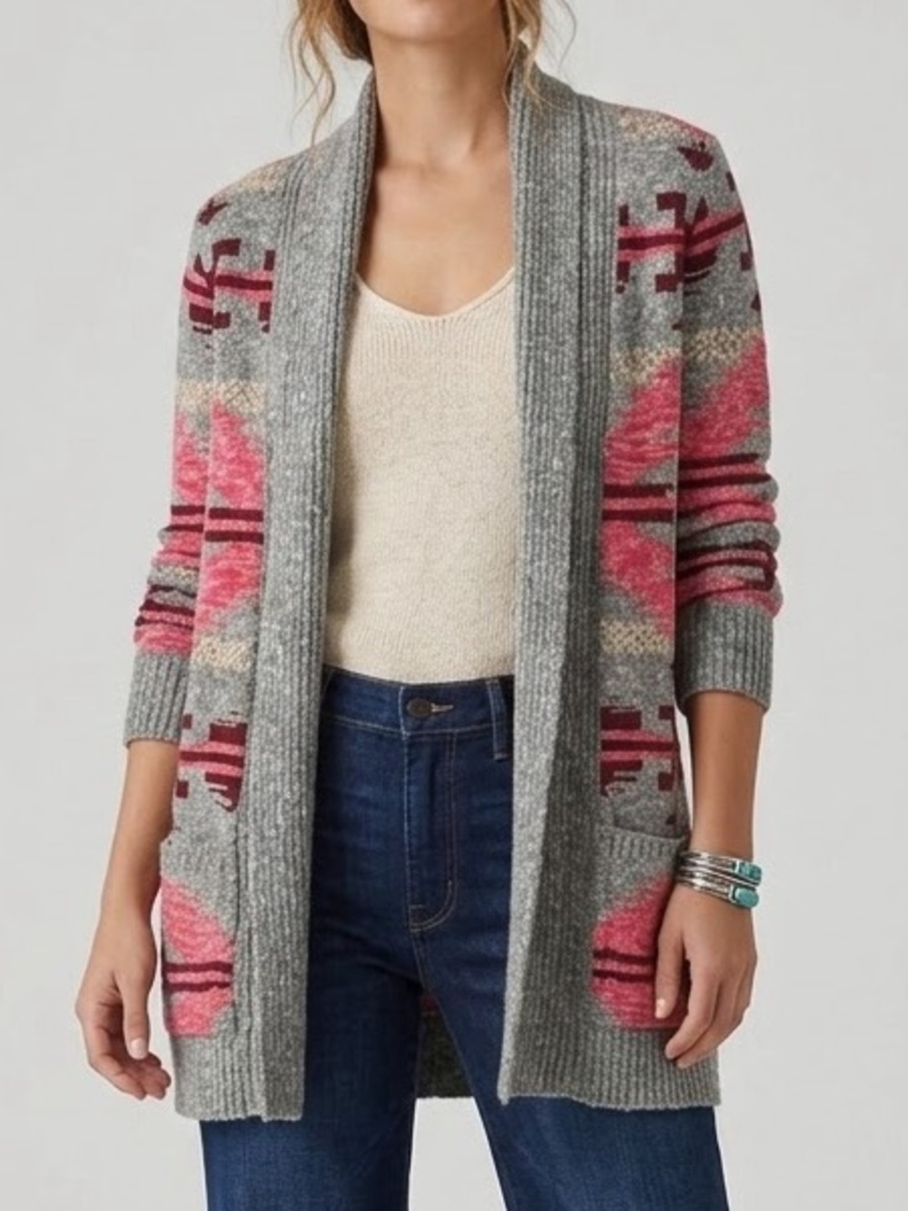 Lucky Brand Southwestern Aztec Open Knit Cardigan Sweater S Boho Western Cozy